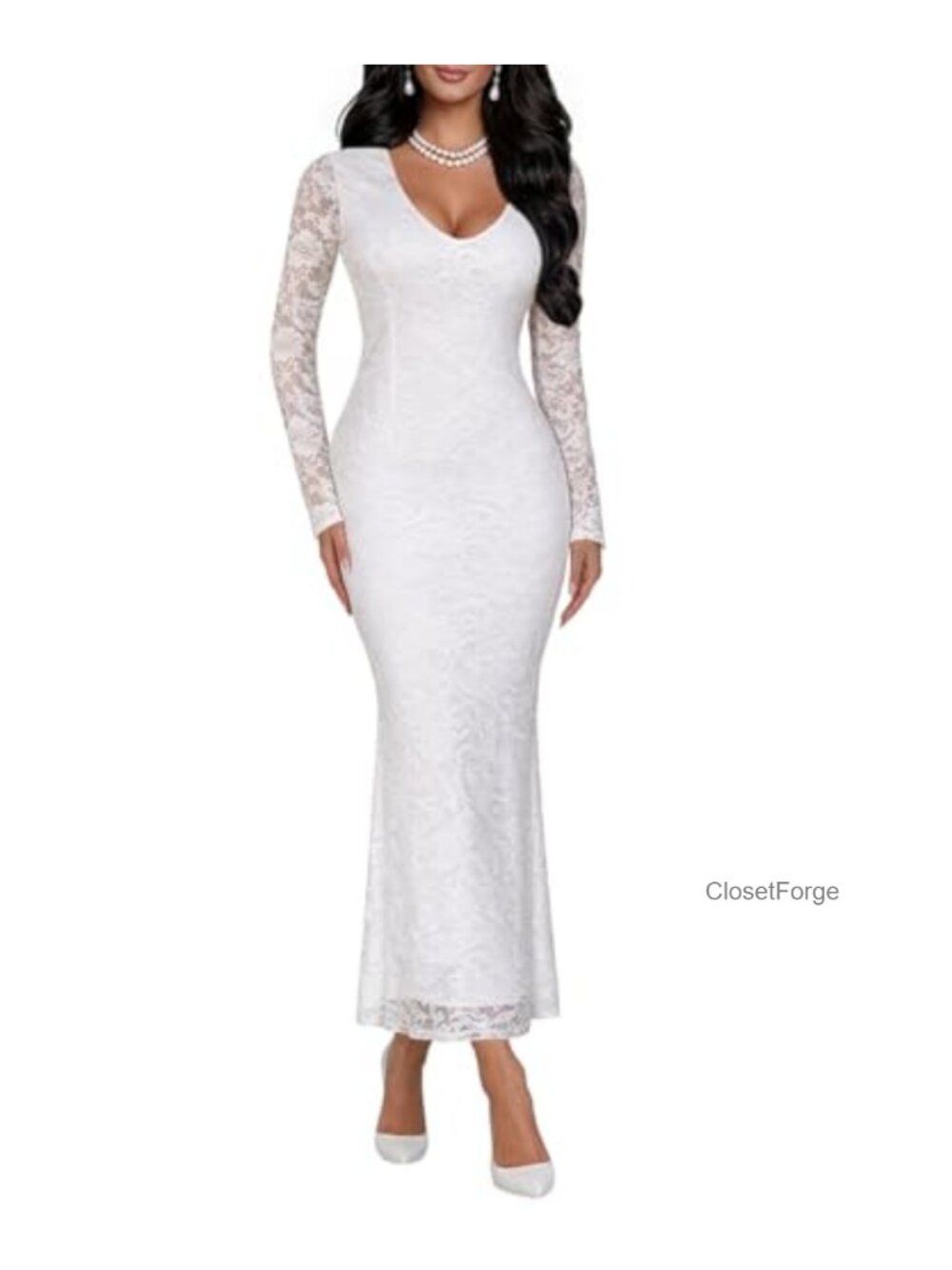 Women Bodycon Maxi Dress Lace Long Sleeve V-Neck Mermaid Trumpet Formal
